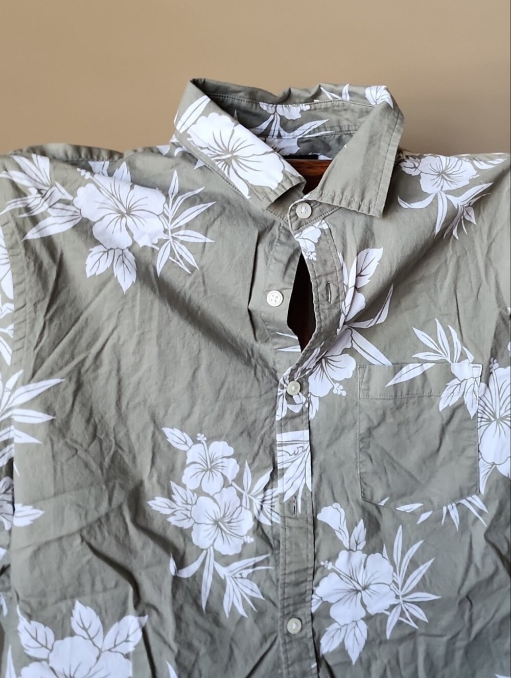 Express Olive Green Floral Hawaiian Button-Front Collar Shirt Large